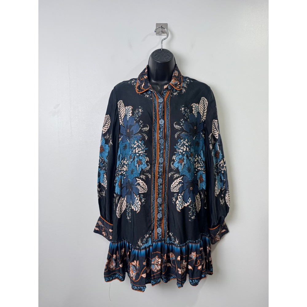 Farm Rio Blossom Tapestry Mini Dress Ruffle Hem Long Sleeve Boho Small